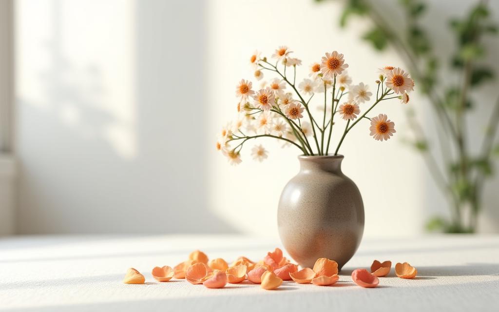 ミニマリストな背景に置かれた、手作りのセラミック花瓶と季節の花々。