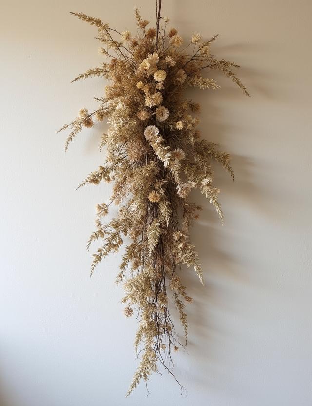 壁に飾られたナチュラルなドライフラワーのスワッグ。