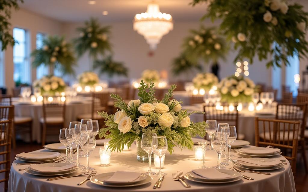 結婚式場のテーブルを飾るエレガントな花。